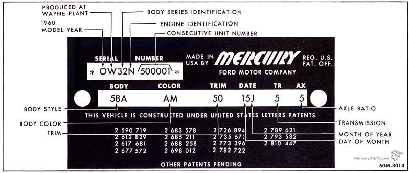 1960 Mercury Identification Patent Plate 
